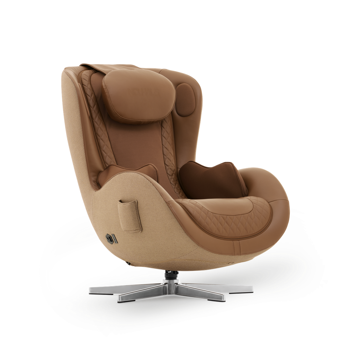 N-0004DC-V2,Dark Caramel armchair with a modern design on a white background
