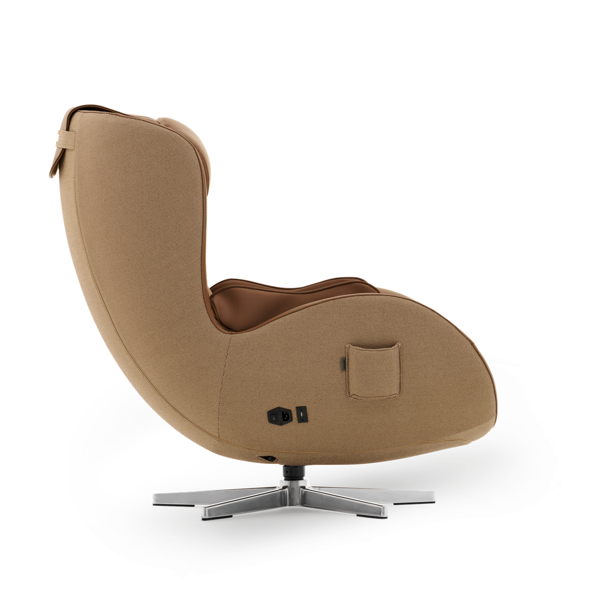 N-0004DC-V2,Dark Caramel egg-shaped chair with a metallic base on a white background