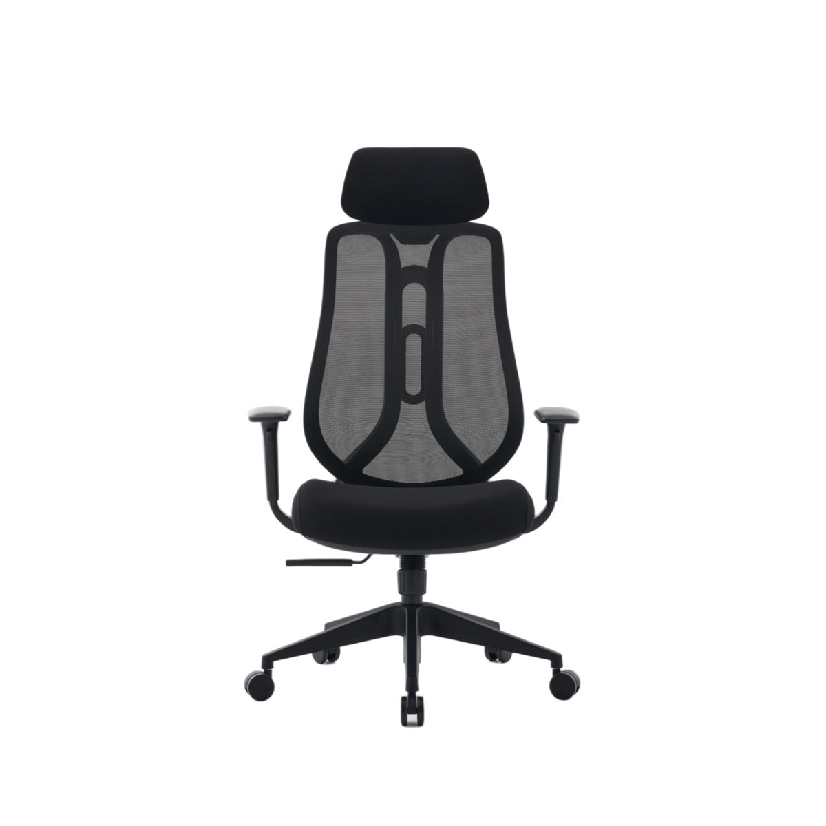 NHO-0025BL,Black office chair with mesh back and adjustable armrests on a white background