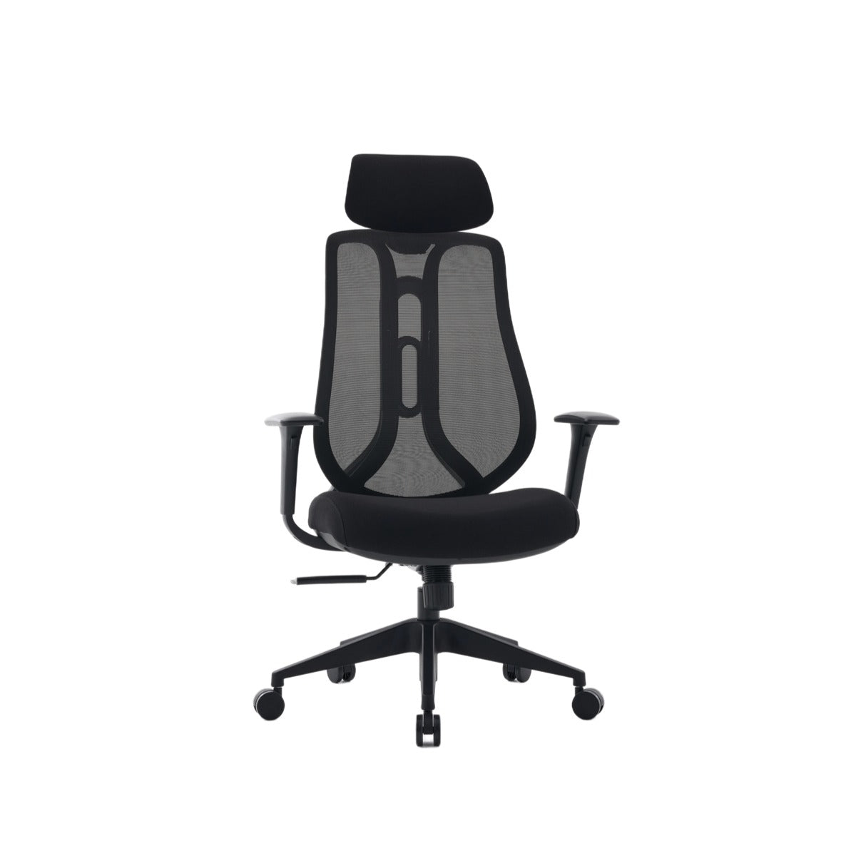 NHO-0025BL,Black office chair with mesh backrest on a white background