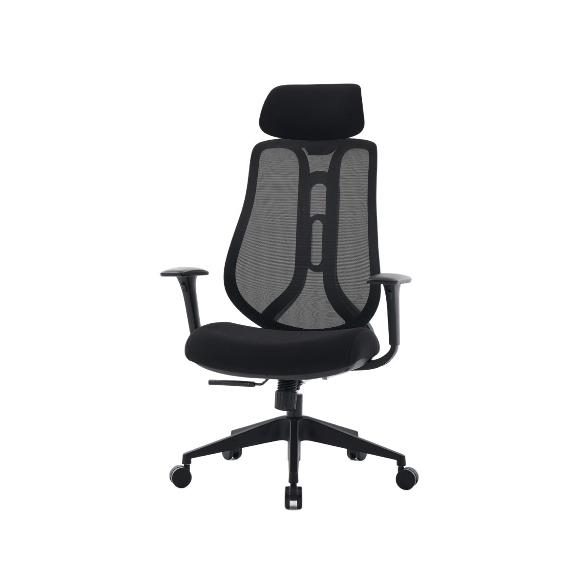 NHO-0025BL,Black office chair with mesh back on a white background