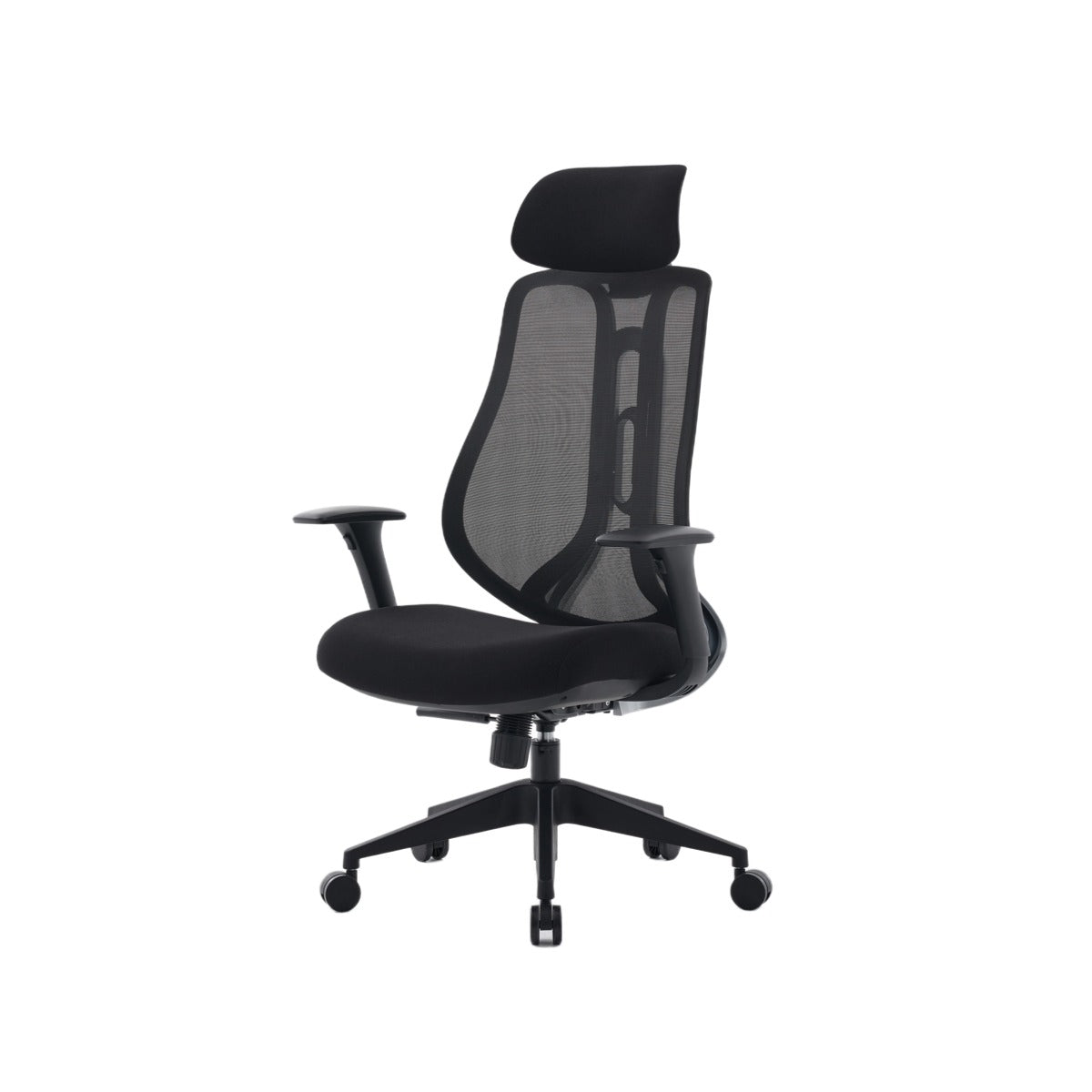 NHO-0025BL,Black office chair with mesh back on a white background