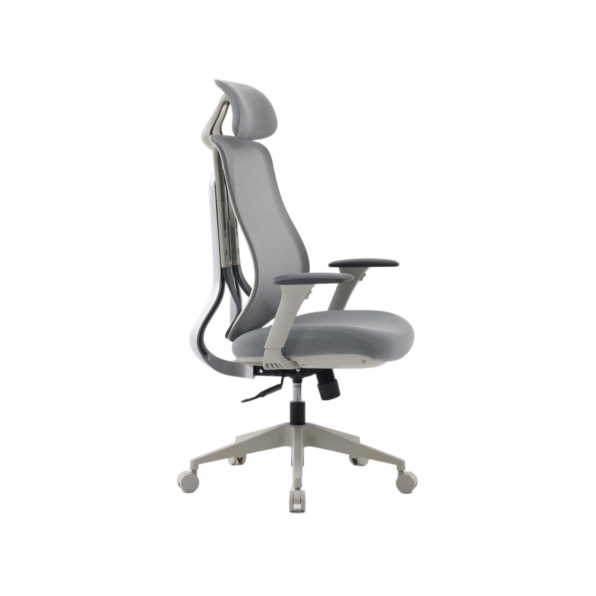 NHO-0025GR,Gray office chair with adjustable headrest on a white background
