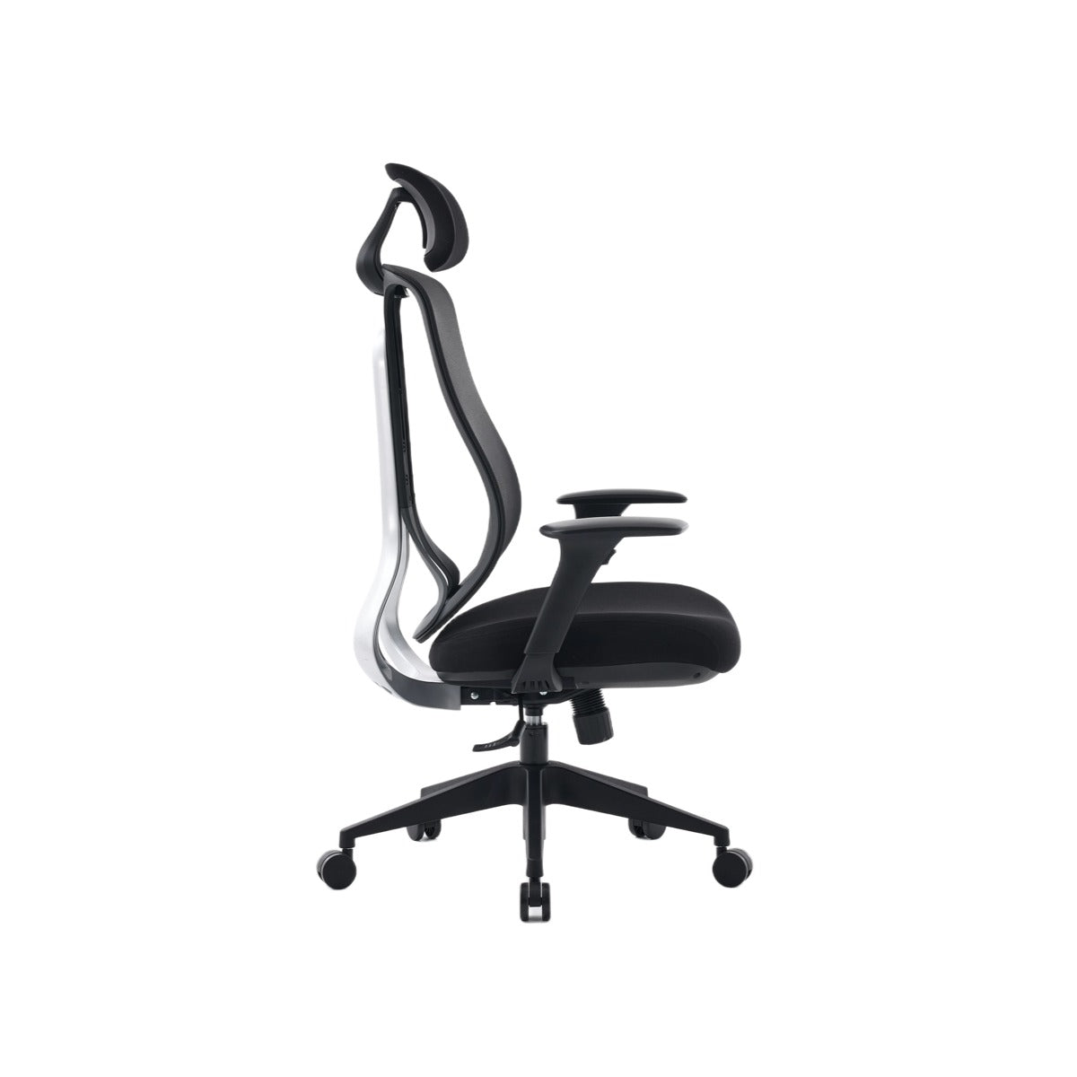NHO-0025BL,Black office chair with adjustable headrest on a white background