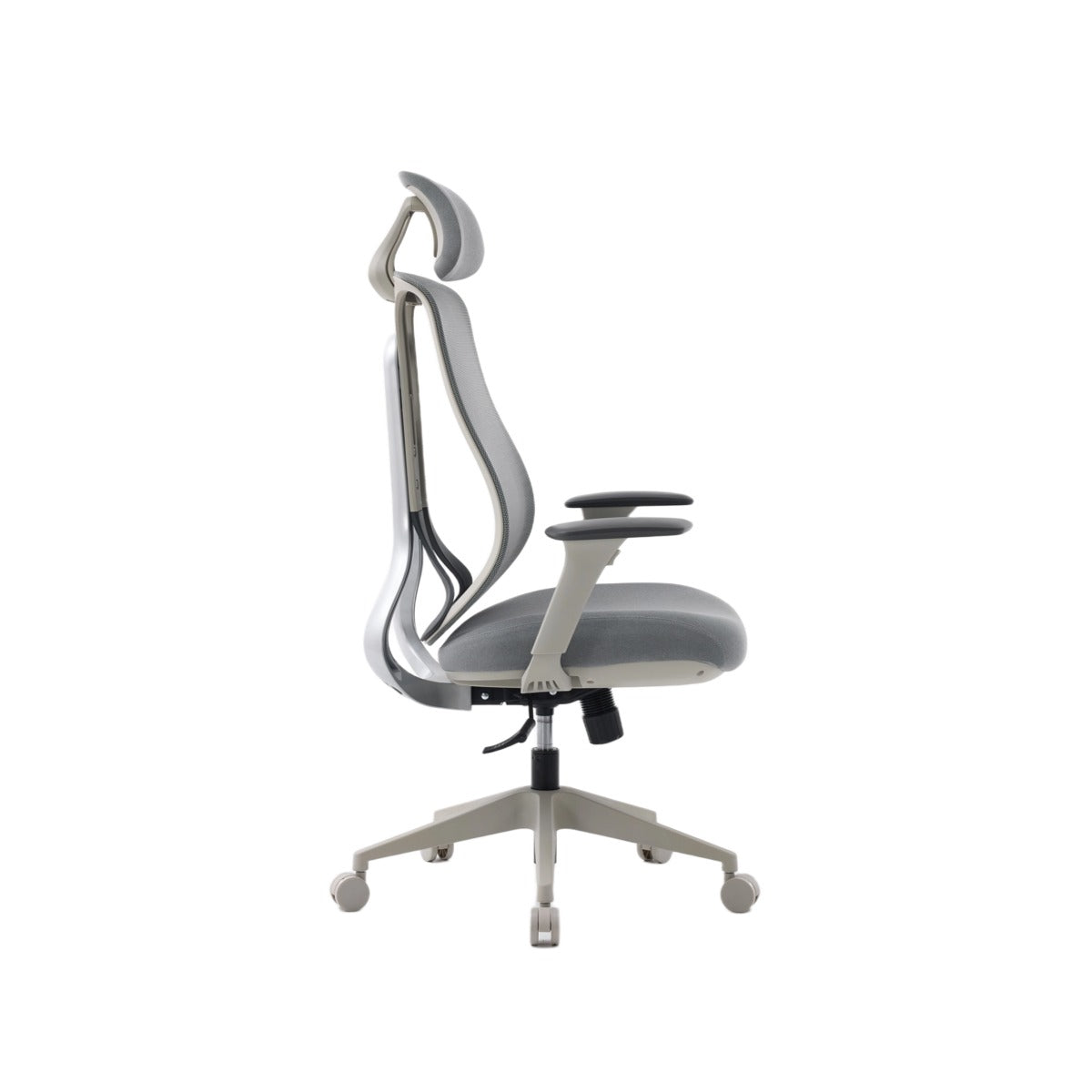 NHO-0025GR,Gray office chair with adjustable armrests on a white background