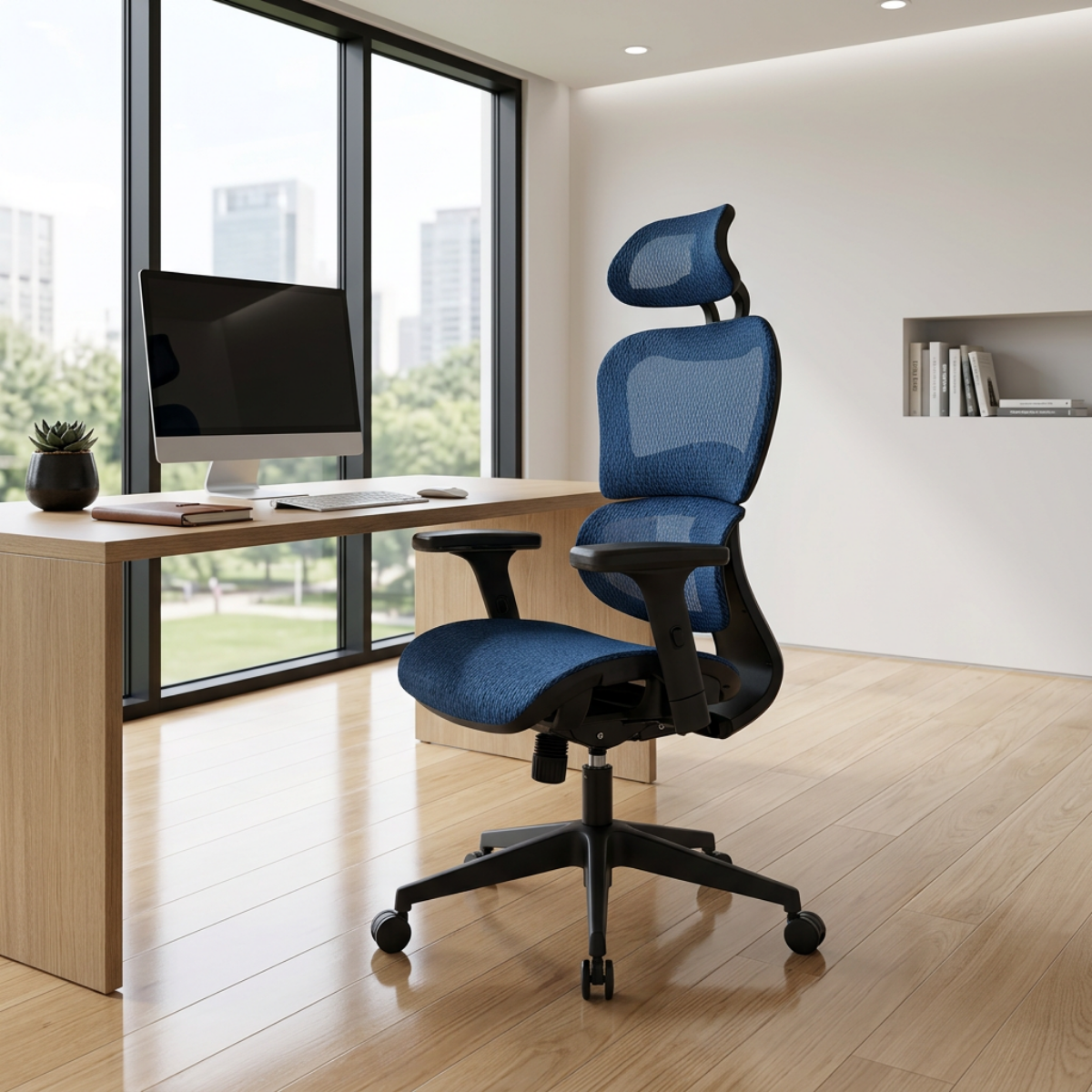 NHO-0001BU-L, Modern office setup with a blue ergonomic chair and desk.