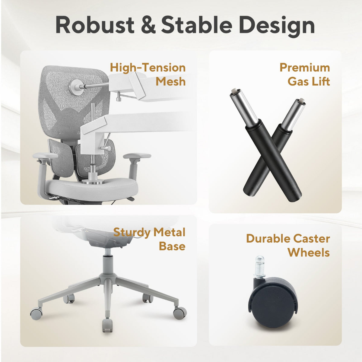 NH0-0023GR,Ergonomic chair with highlighted features on a white background