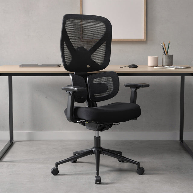 NH0-0023BL,Black office chair in front of a desk with a neutral background