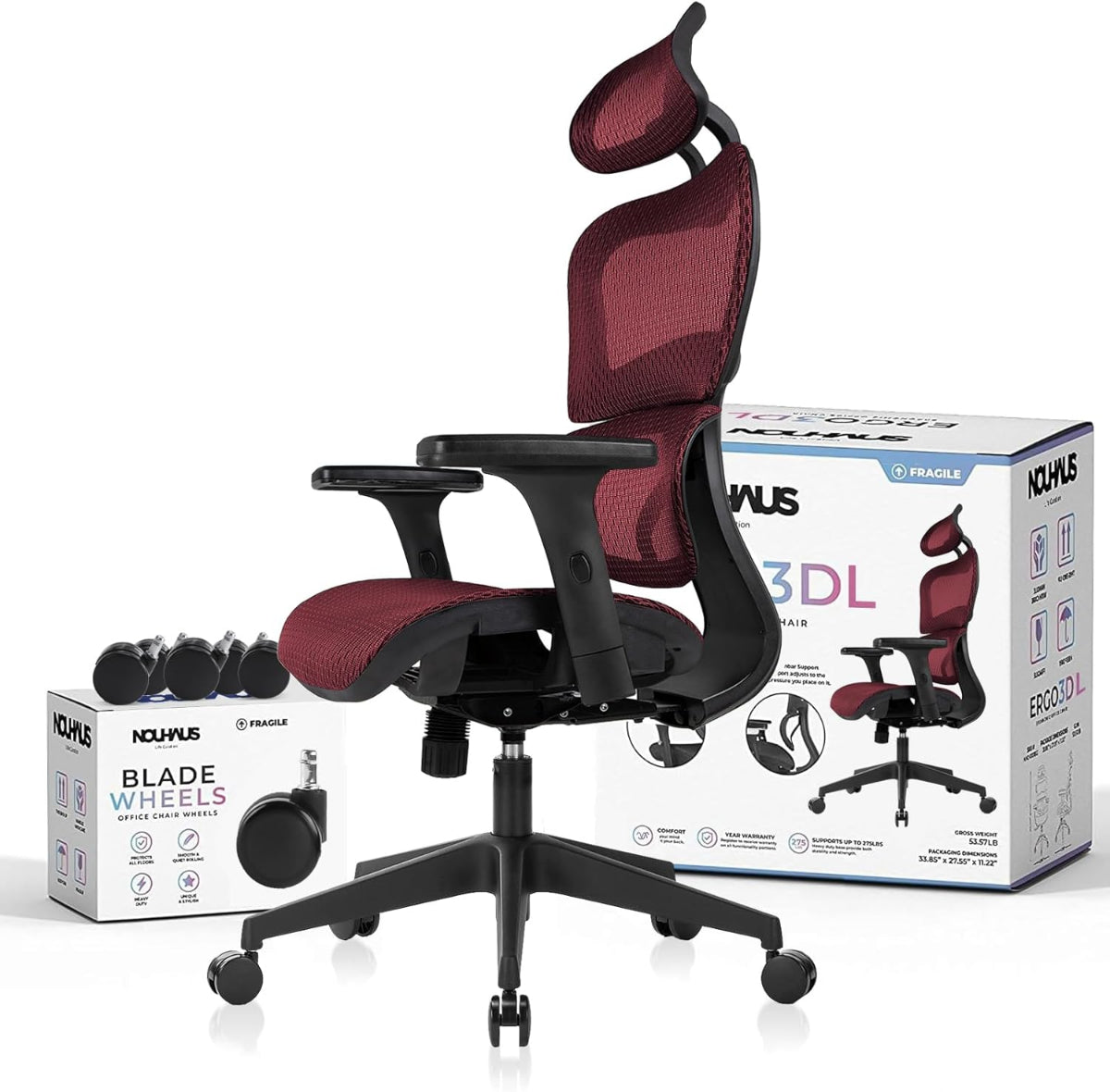 NHO-0001BG-L, Red office chair with black base and components on a white background