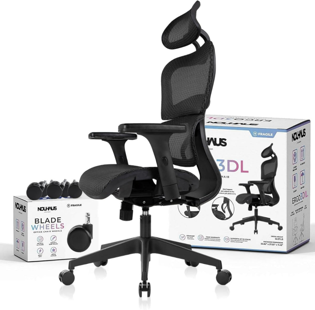 NHO-0001BL-L, Black ergonomic office chair with packaging on a white background