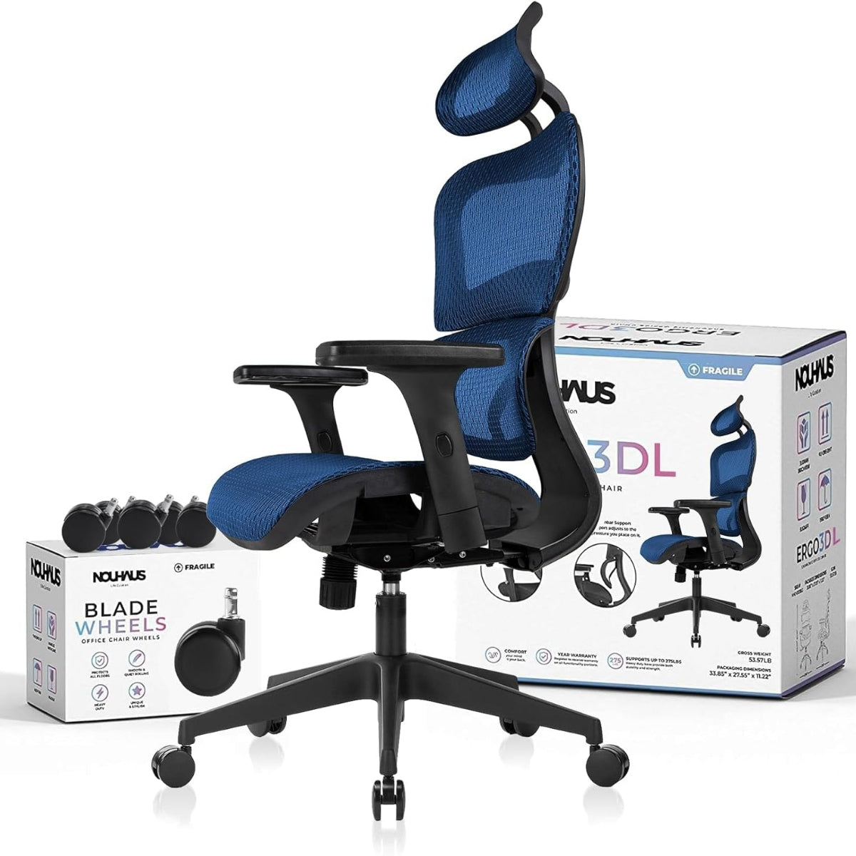 NHO-0001BU-L, Blue office chair with black base and wheels, surrounded by its packaging on a white background