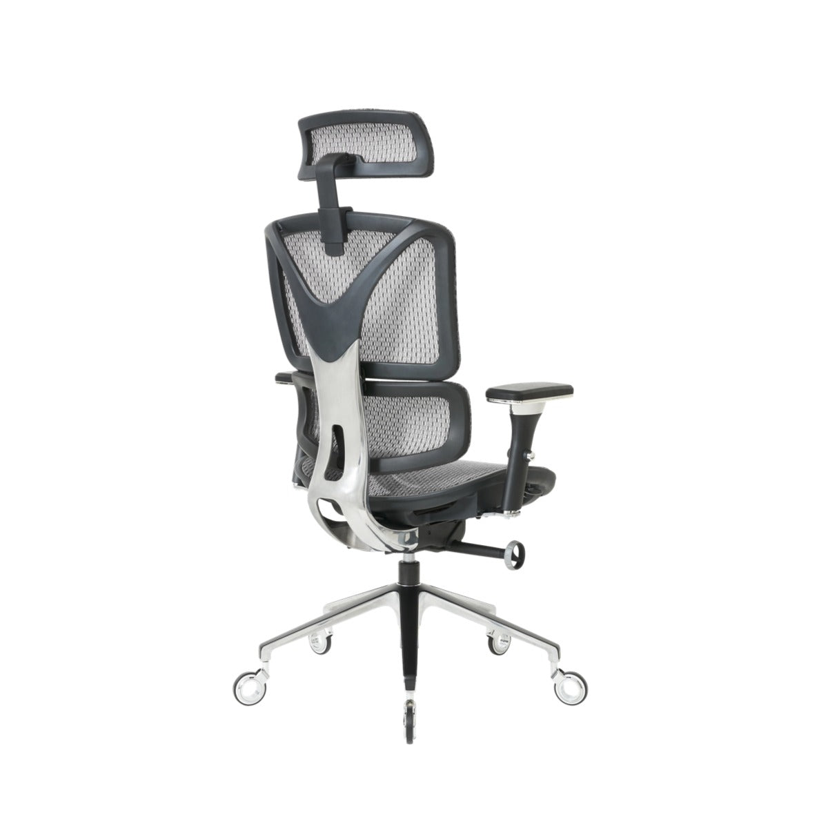 NHO-0005SR,Silver Grey office chair with mesh back and wheels on a white background