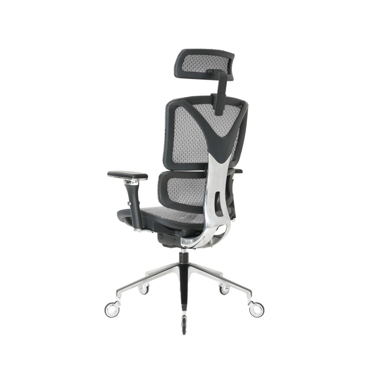 NHO-0005SR,Silver Grey office chair with mesh back and adjustable armrests on a white background