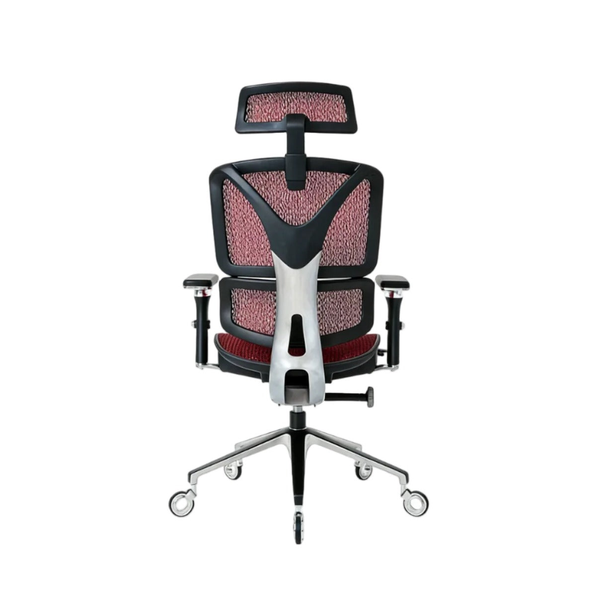 NHO-0005BG,Ergonomic office chair with mesh back and red seat on a white background