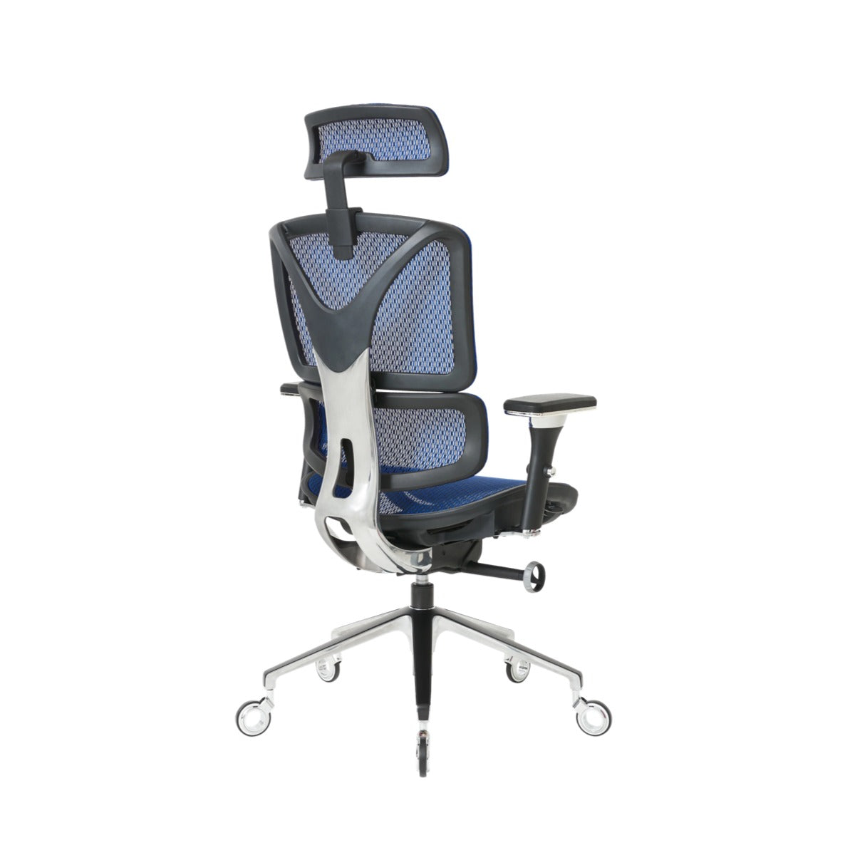 NHO-0005BU,Ergonomic office chair with mesh back and adjustable armrests on a white background