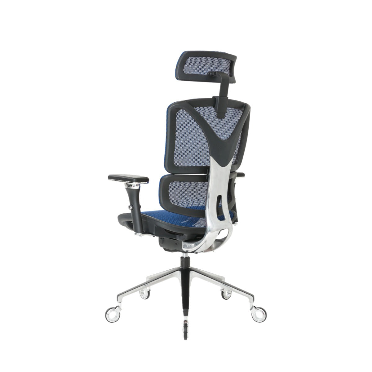 NHO-0005BU,Ergonomic office chair with mesh back and blue seat on a white background