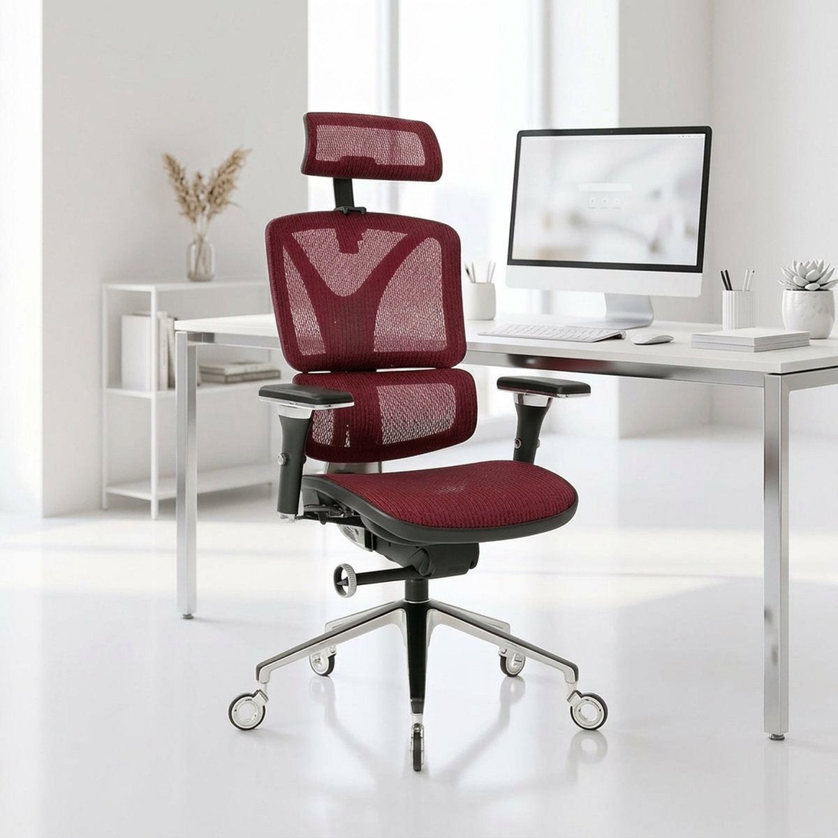 NHO-0005BG,Dark Burgundy office chair in a modern office setting with a desk and computer.