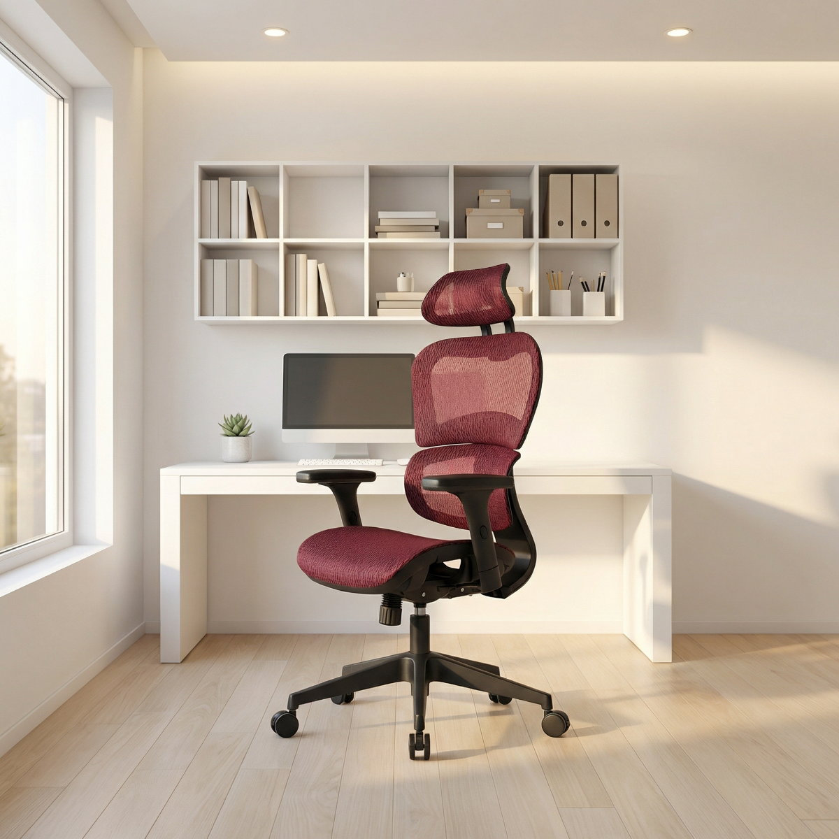 NHO-0001BG-L,Modern office setup with a maroon ergonomic chair in front of a white desk.