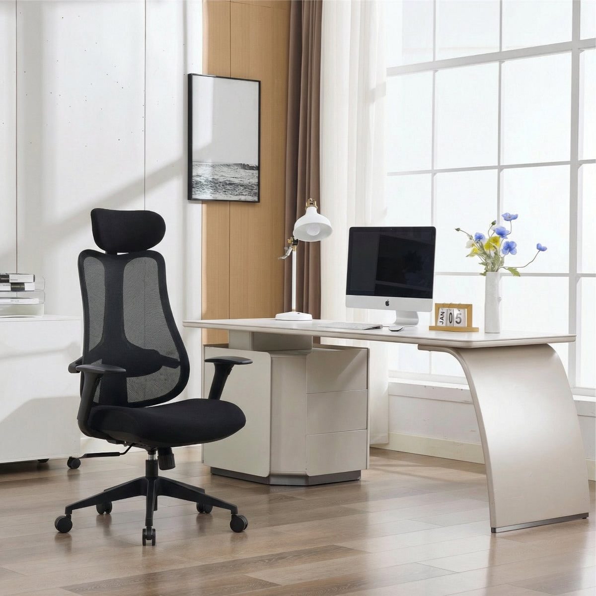 NHO-0024BL,Modern office setup with a black ergonomic chair, white desk, and computer monitor.