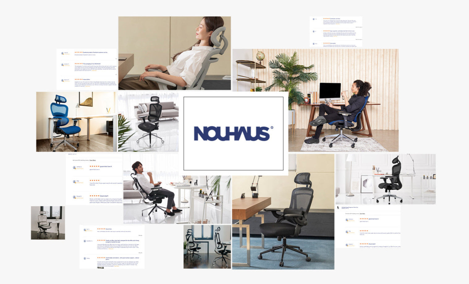 Collage of office chairs with Nouhaus logo in the center