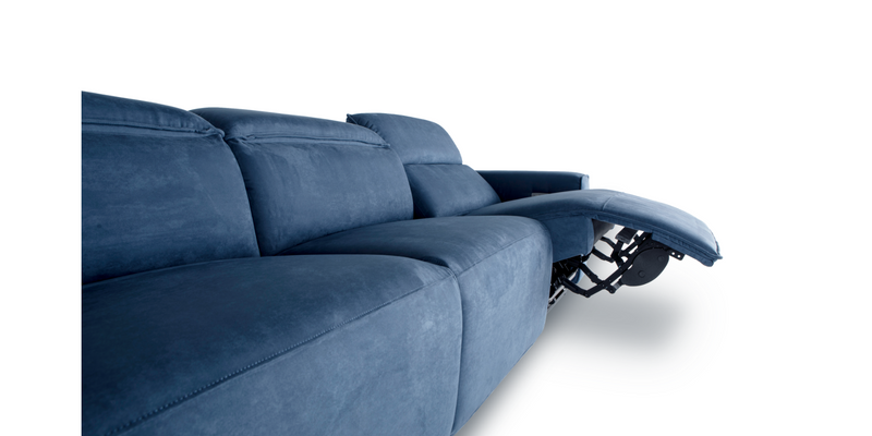 One side of the Blue "Power-Triple " Recliner Sofa in a reclined position.