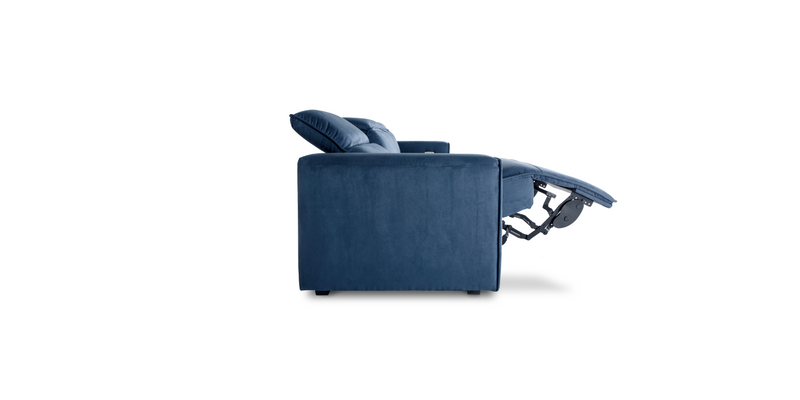 Side view of the Blue "Power-Triple " Recliner Sofa in a reclined position.