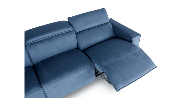 Close up view of one side of Blue "Power-Triple " Recliner Sofa in a reclined position