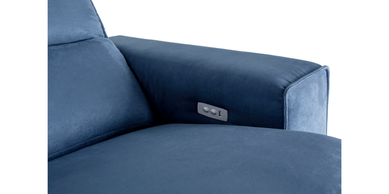 A close up of the built in remote with USB port of the Blue "Power-Triple " Recliner Sofa