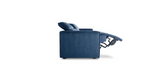 Sideview of the Blue "Power-Double " Recliner Sofa in a reclined position