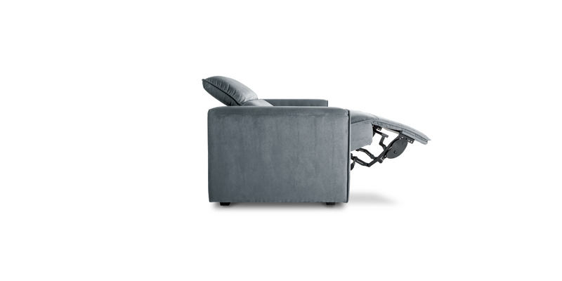 Side view of the Grey "Power-Single " Recliner Sofa in maximum recline
