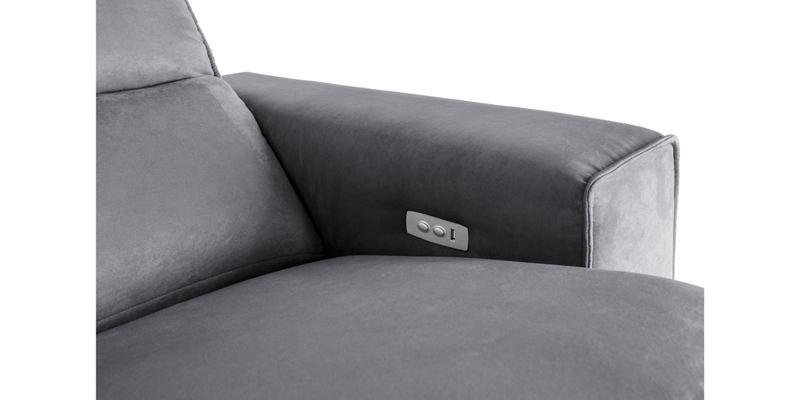 A close up of the recliner buttons and USB port of the Grey "Power-Single " Recliner Sofa