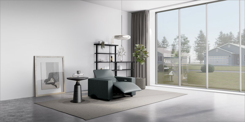 Grey "Power-Single " Recliner Sofa in a modern living room.