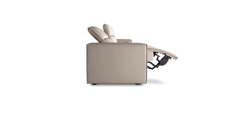 Side view of a fully reclined Pebble white "Power-Triple " Recliner Sofa