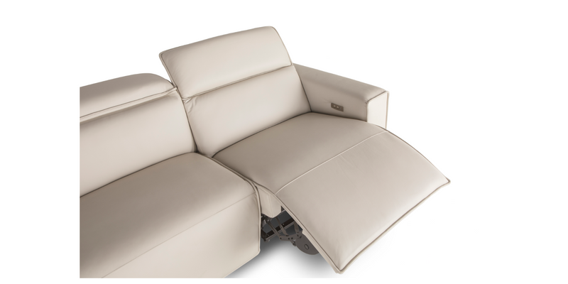 Close up of one side of the Pebble white "Power-Triple " Recliner Sofa in a reclined position