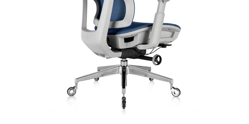 Close up of legs, feet, and height adjustment knob - ' Rewind ' Ergonomic Office Chair - Blue
