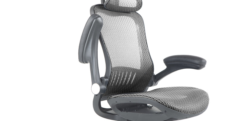 Grey ErgoFlip Mesh Computer Chair with arm rest up